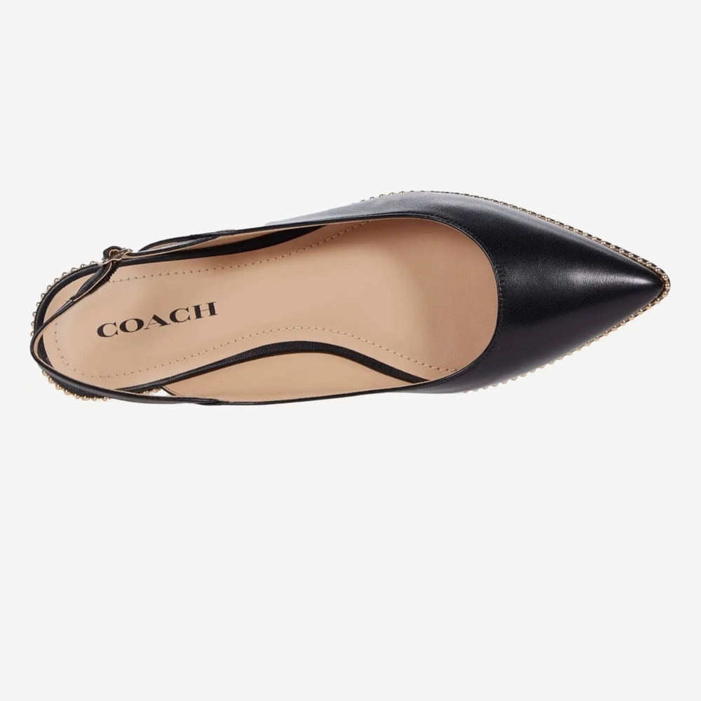 Coach Black Leather Pointed Slingback Flats with Gold Bead Trim - Picture 6 of 7